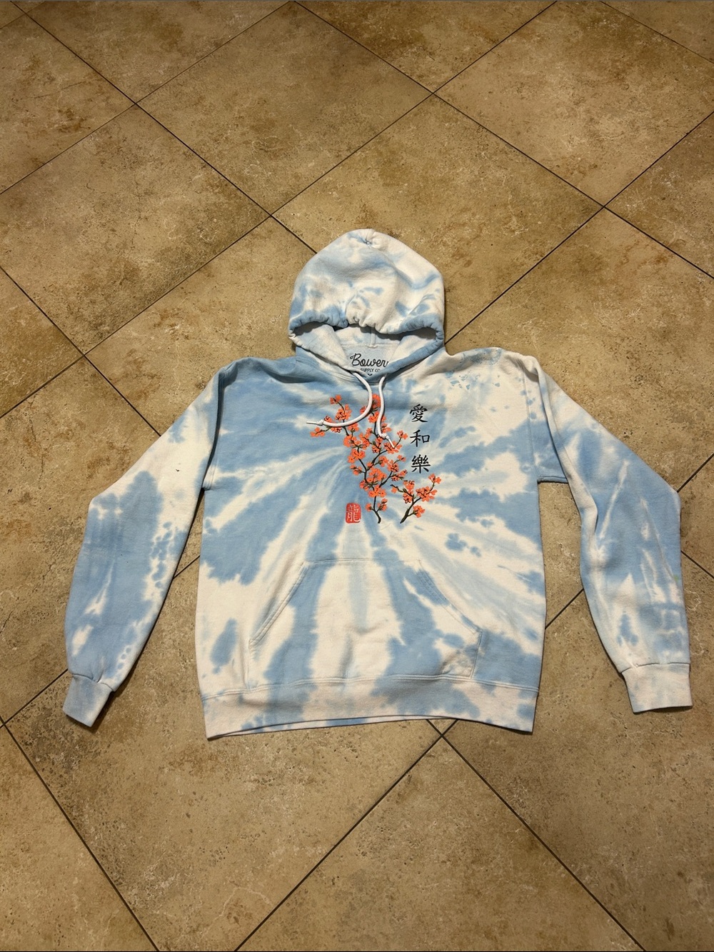 BOWERY SUPPLY Tie-Dye Hoodie with Cherry Blossom print.  Size M